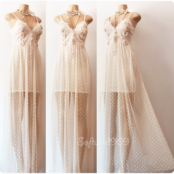 Last☝️3D Rose Lace Mesh Polka Dots Long Maxi Dress - Picture 2 of 8